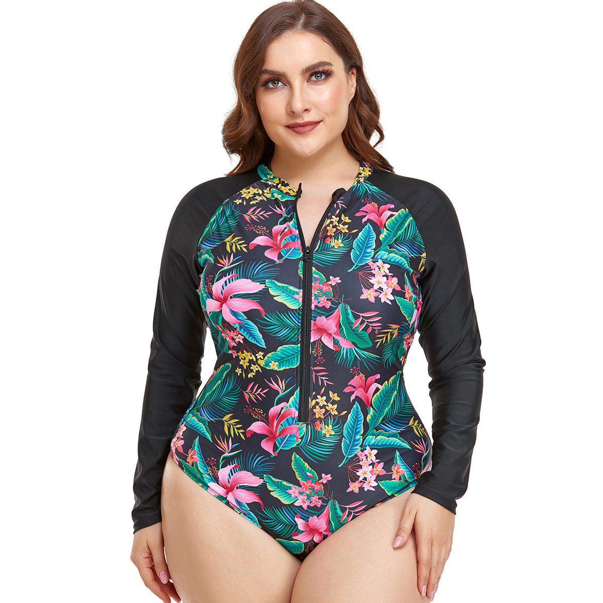 (image for) Women Curvy Plus Size Long Sleeve Floral Print One Piece Rash Guard Swimsuit, Zip Front Modest Surf Bathing Suit
