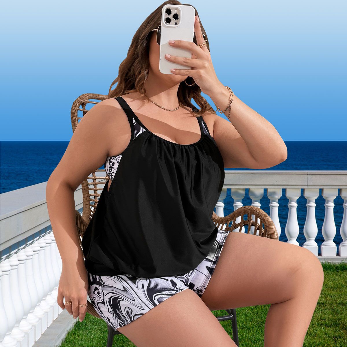 (image for) Plus Size Tankini Two‑Piece Swimsuit Women Conservative Printed Boy‑Short Swim Set