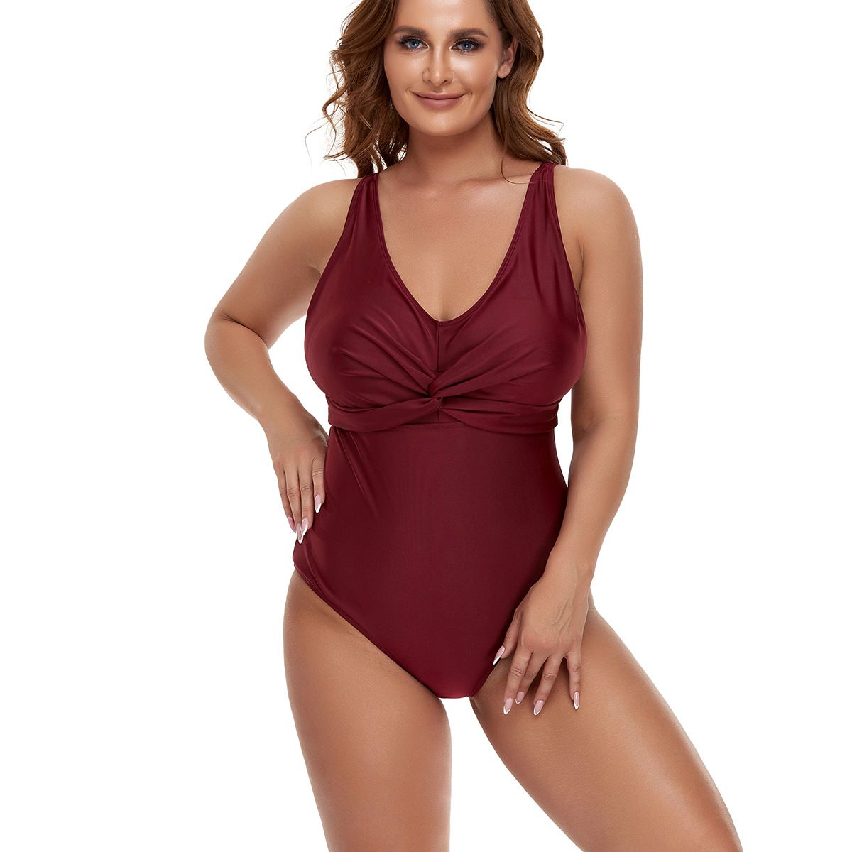 (image for) Plus Size Twist Front One‑Piece Swimsuit Women Conservative Solid Color Bathing Suit
