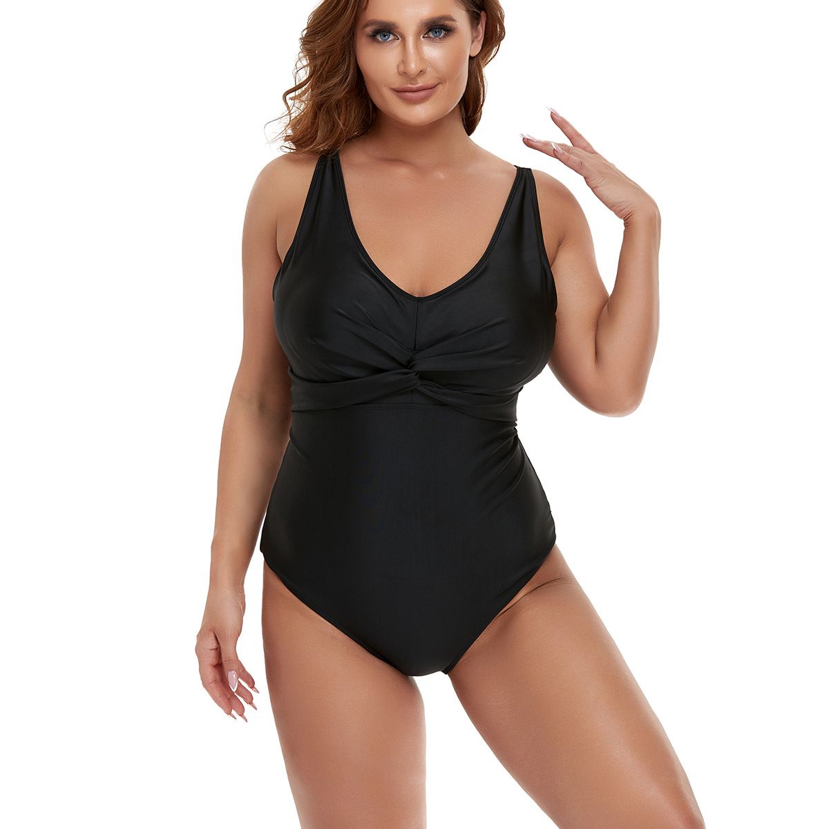 (image for) Plus Size Twist Front One‑Piece Swimsuit Women Conservative Solid Color Bathing Suit