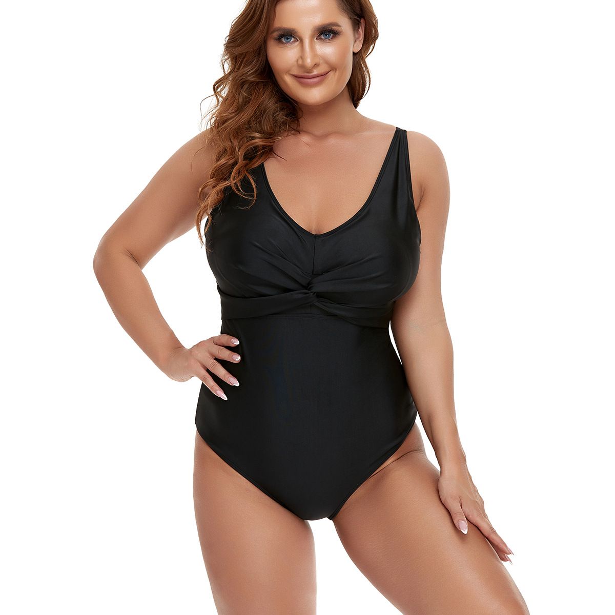 (image for) Plus Size Twist Front One‑Piece Swimsuit Women Conservative Solid Color Bathing Suit