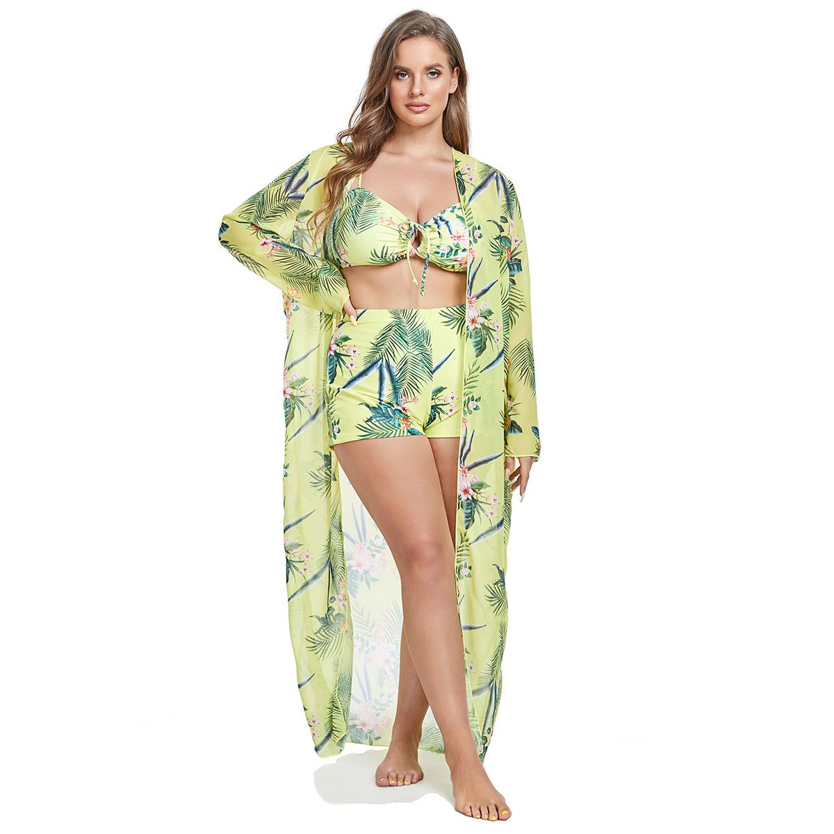 Plus Size Tropical Printed 3‑Piece Bikini Set Women Swimsuit With Long Cover‑Up Kimono