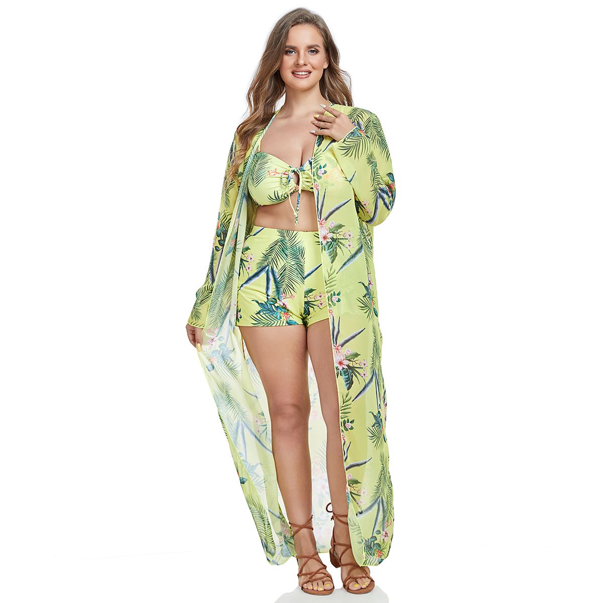 (image for) Plus Size Tropical Printed 3‑Piece Bikini Set Women Swimsuit With Long Cover‑Up Kimono