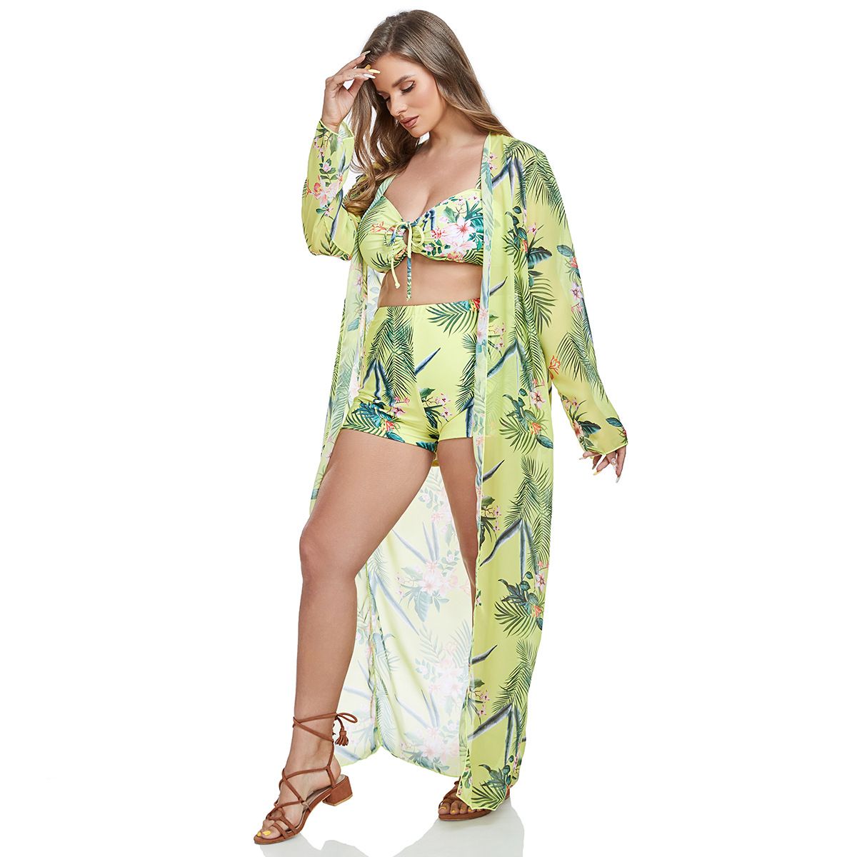 (image for) Plus Size Tropical Printed 3‑Piece Bikini Set Women Swimsuit With Long Cover‑Up Kimono