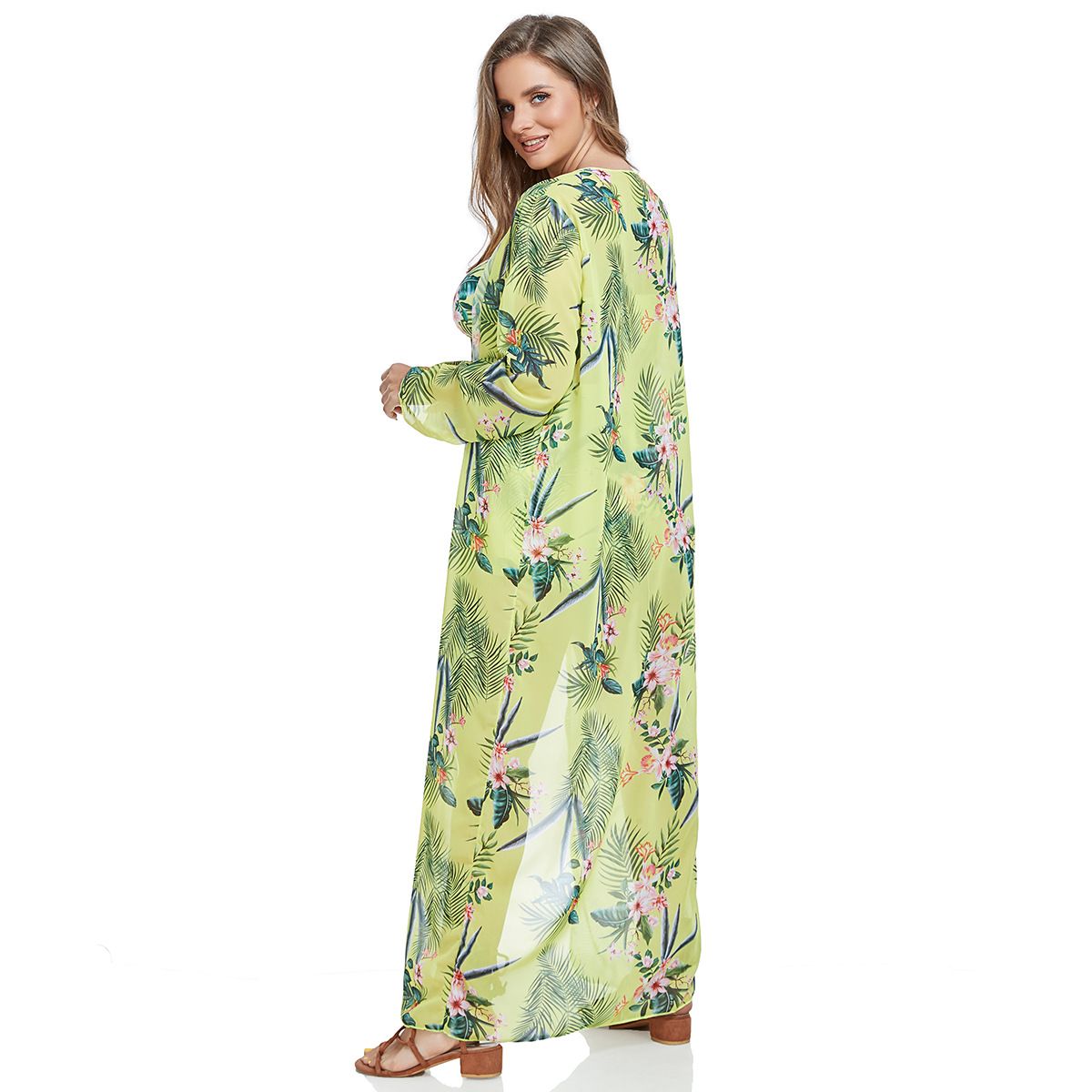 (image for) Plus Size Tropical Printed 3‑Piece Bikini Set Women Swimsuit With Long Cover‑Up Kimono