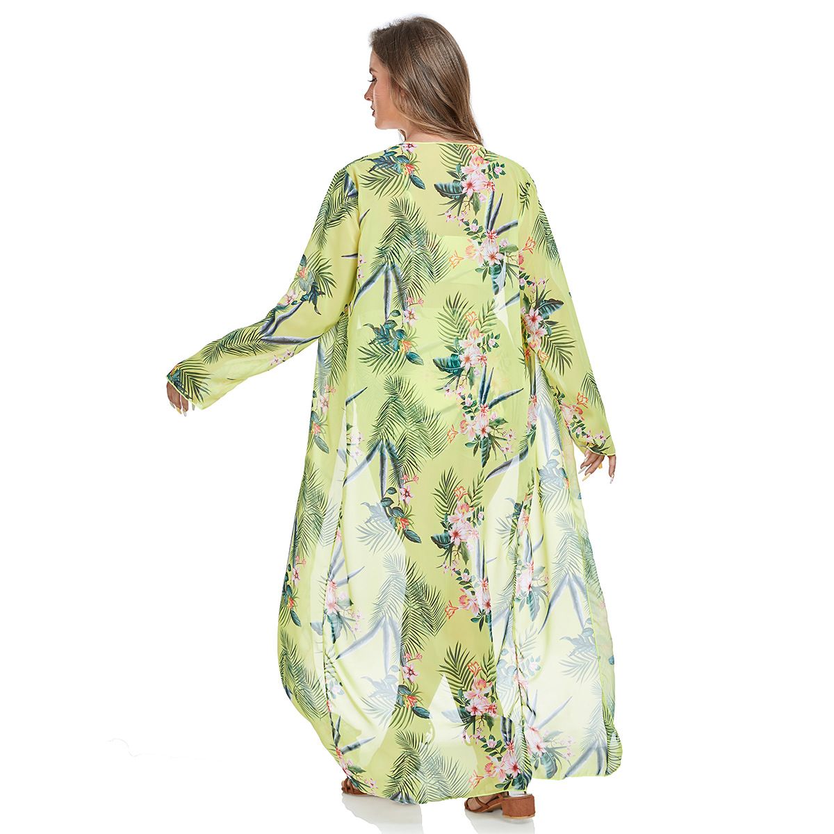 (image for) Plus Size Tropical Printed 3‑Piece Bikini Set Women Swimsuit With Long Cover‑Up Kimono