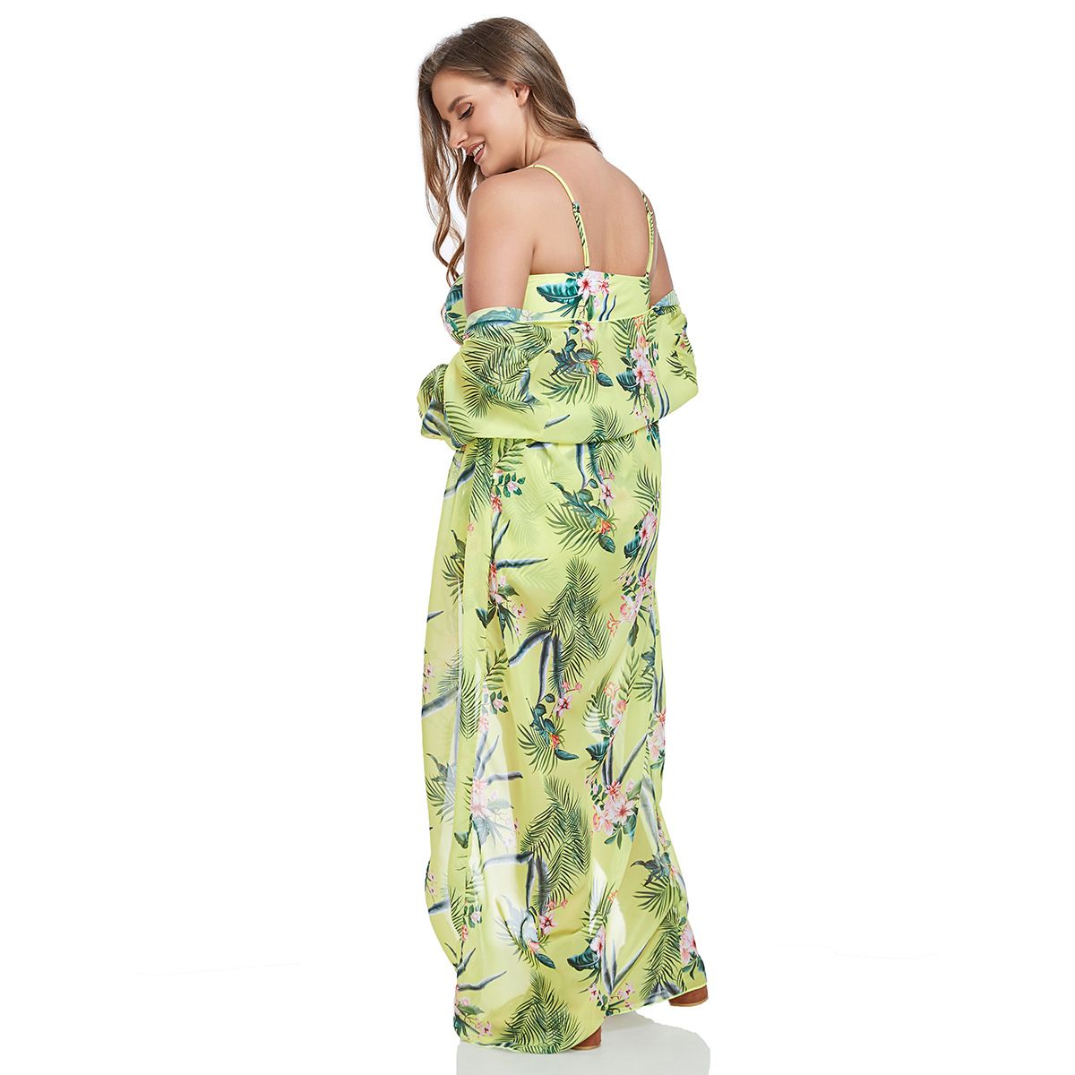 (image for) Plus Size Tropical Printed 3‑Piece Bikini Set Women Swimsuit With Long Cover‑Up Kimono