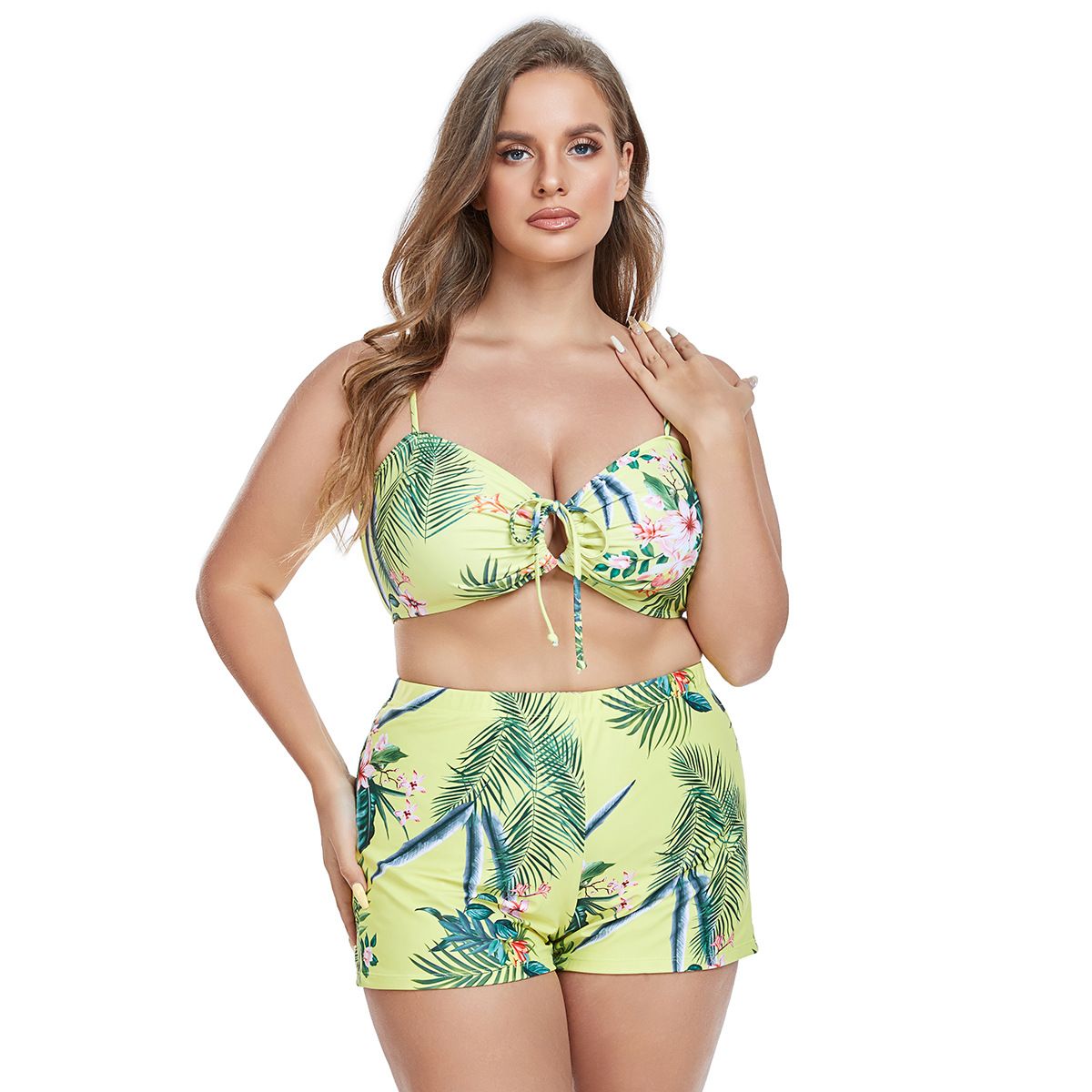 (image for) Plus Size Tropical Printed 3‑Piece Bikini Set Women Swimsuit With Long Cover‑Up Kimono