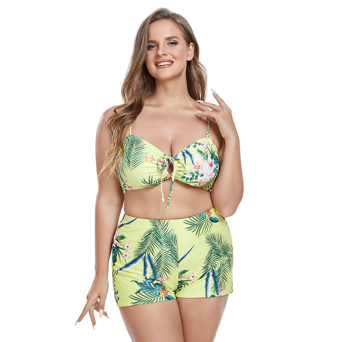 (image for) Plus Size Tropical Printed 3‑Piece Bikini Set Women Swimsuit With Long Cover‑Up Kimono