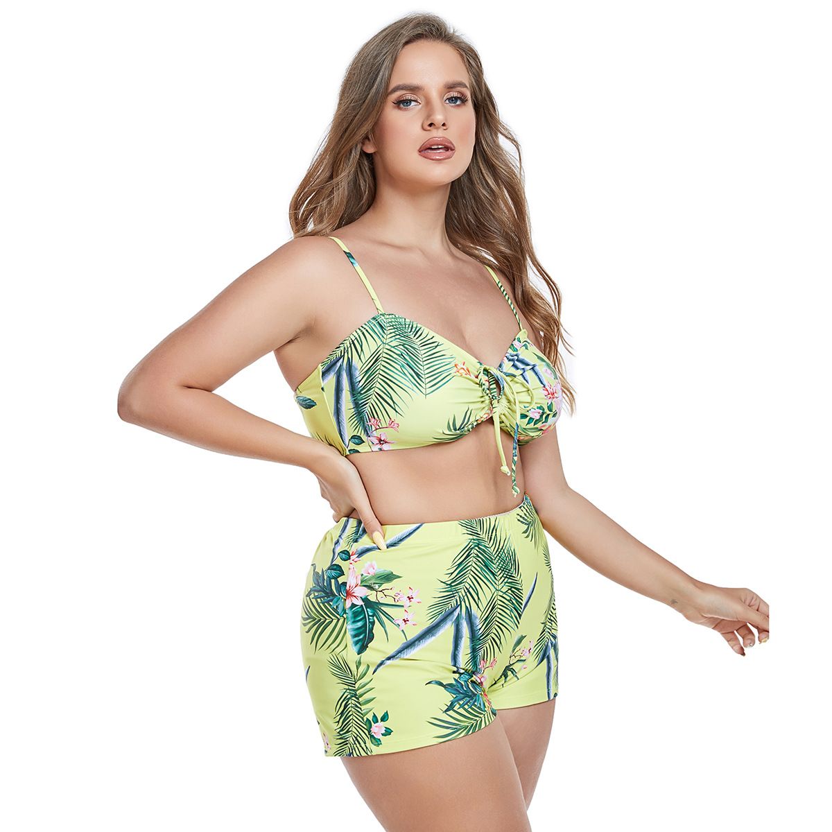 (image for) Plus Size Tropical Printed 3‑Piece Bikini Set Women Swimsuit With Long Cover‑Up Kimono