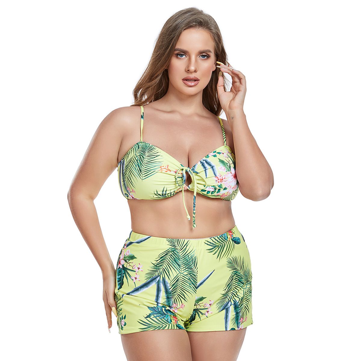 (image for) Plus Size Tropical Printed 3‑Piece Bikini Set Women Swimsuit With Long Cover‑Up Kimono