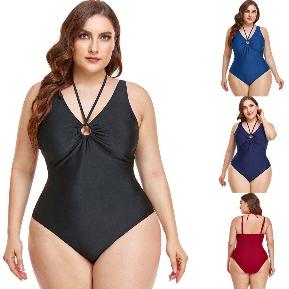 (image for) Plus Size One‑Piece Swimsuit Solid Color Halter V‑Neck Ruched Tummy Control Bathing Suit for Women