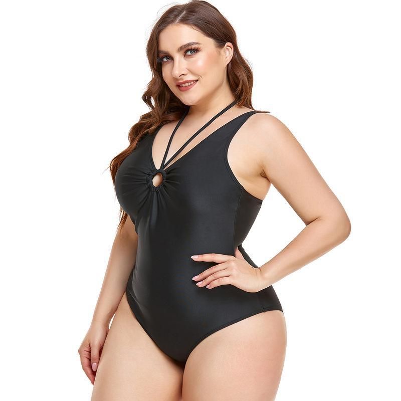 (image for) Plus Size One‑Piece Swimsuit Solid Color Halter V‑Neck Ruched Tummy Control Bathing Suit for Women