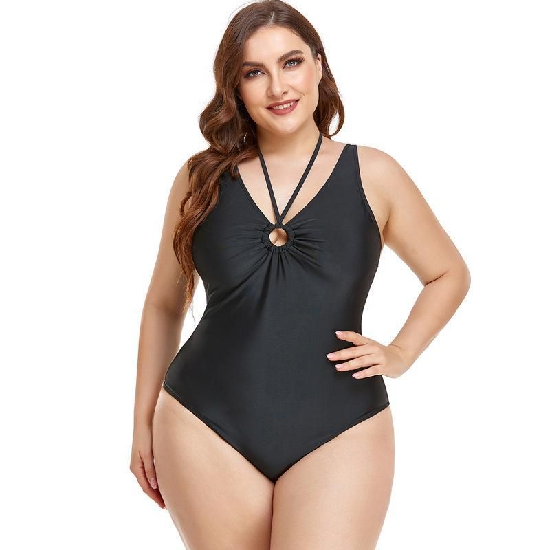 (image for) Plus Size One‑Piece Swimsuit Solid Color Halter V‑Neck Ruched Tummy Control Bathing Suit for Women