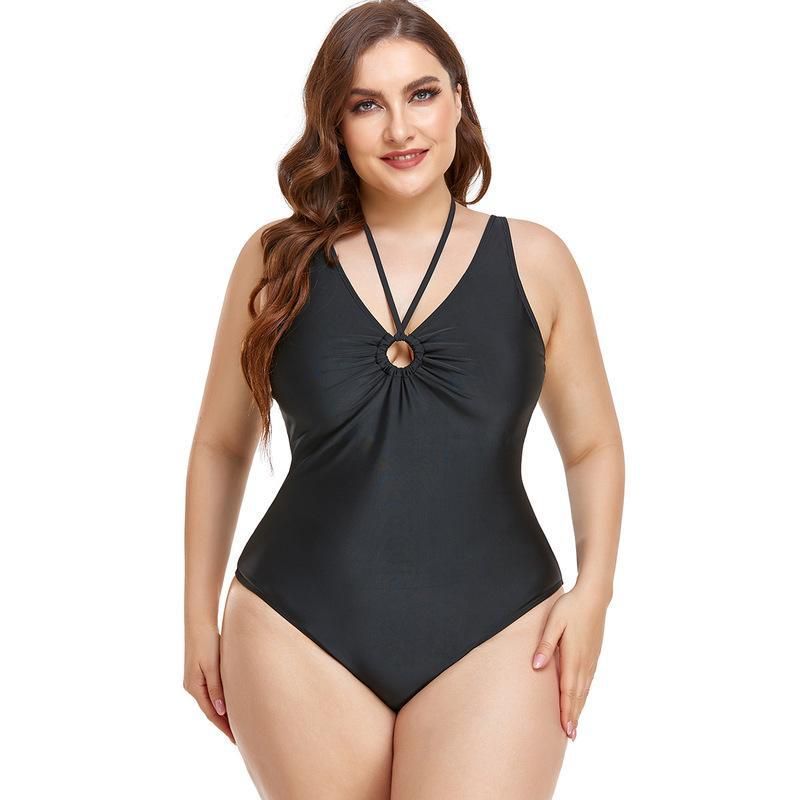 (image for) Plus Size One‑Piece Swimsuit Solid Color Halter V‑Neck Ruched Tummy Control Bathing Suit for Women