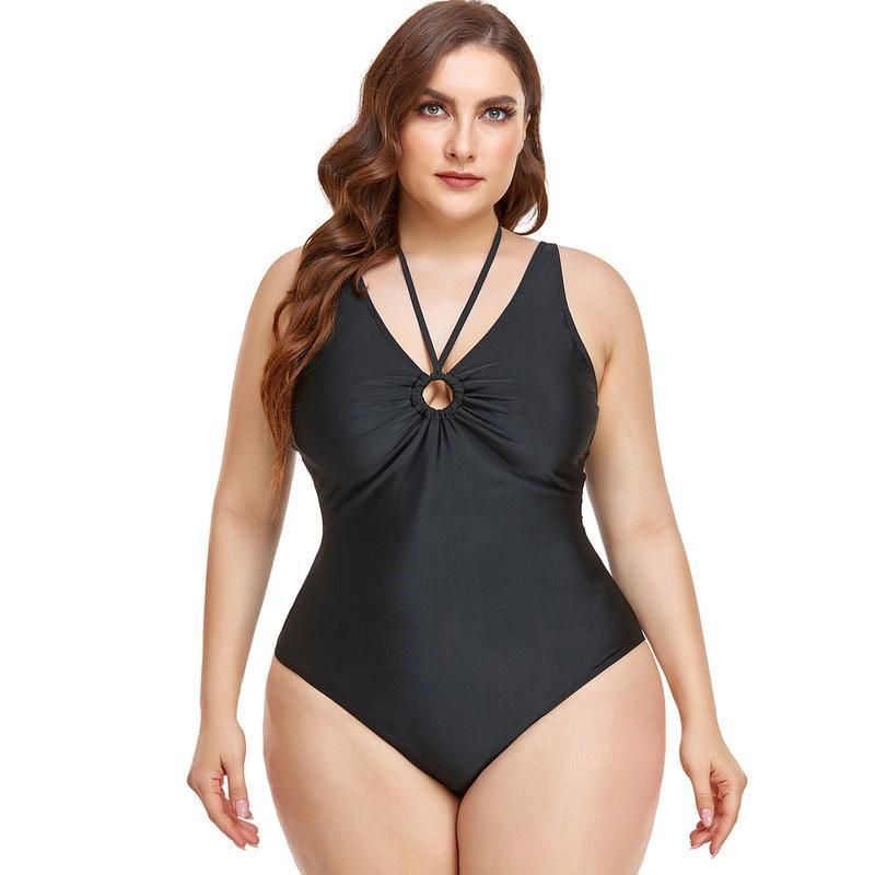 (image for) Plus Size One‑Piece Swimsuit Solid Color Halter V‑Neck Ruched Tummy Control Bathing Suit for Women
