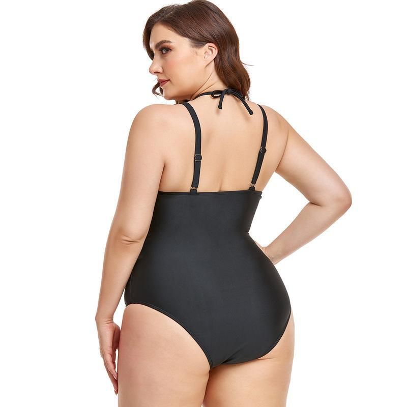 (image for) Plus Size One‑Piece Swimsuit Solid Color Halter V‑Neck Ruched Tummy Control Bathing Suit for Women