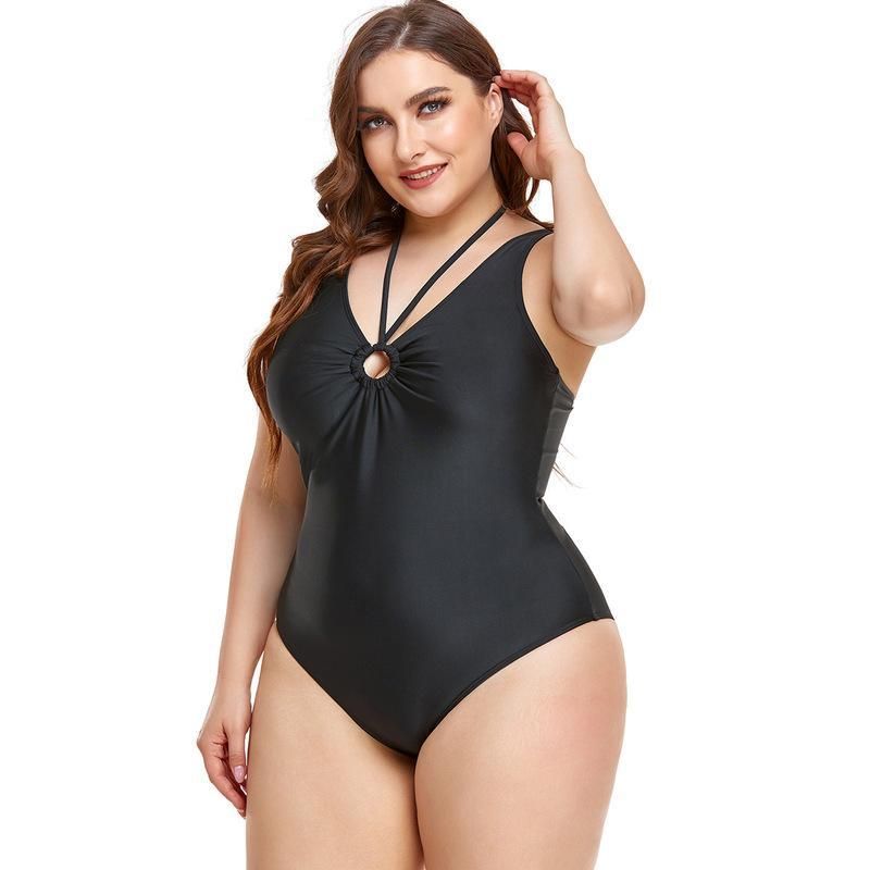 (image for) Plus Size One‑Piece Swimsuit Solid Color Halter V‑Neck Ruched Tummy Control Bathing Suit for Women