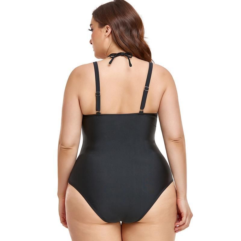 (image for) Plus Size One‑Piece Swimsuit Solid Color Halter V‑Neck Ruched Tummy Control Bathing Suit for Women