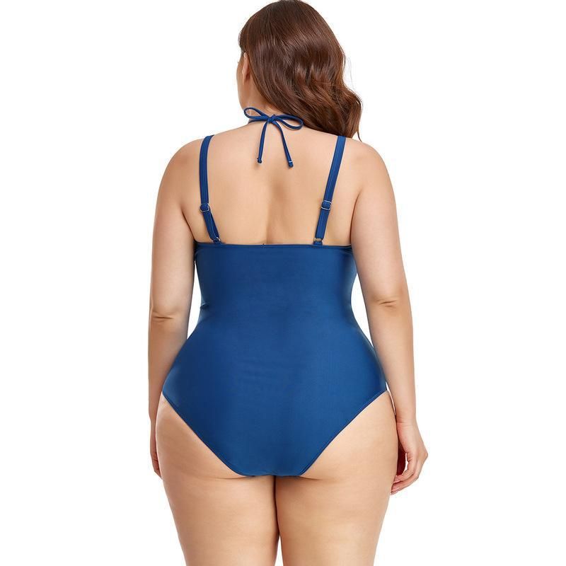 (image for) Plus Size One‑Piece Swimsuit Solid Color Halter V‑Neck Ruched Tummy Control Bathing Suit for Women