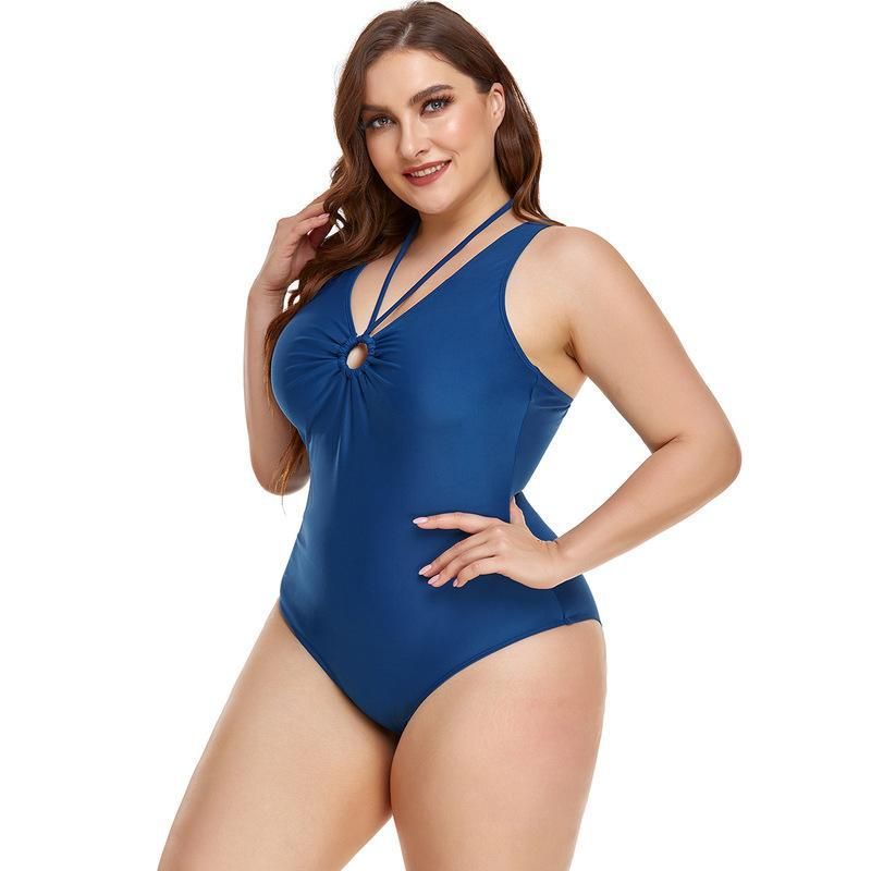 (image for) Plus Size One‑Piece Swimsuit Solid Color Halter V‑Neck Ruched Tummy Control Bathing Suit for Women