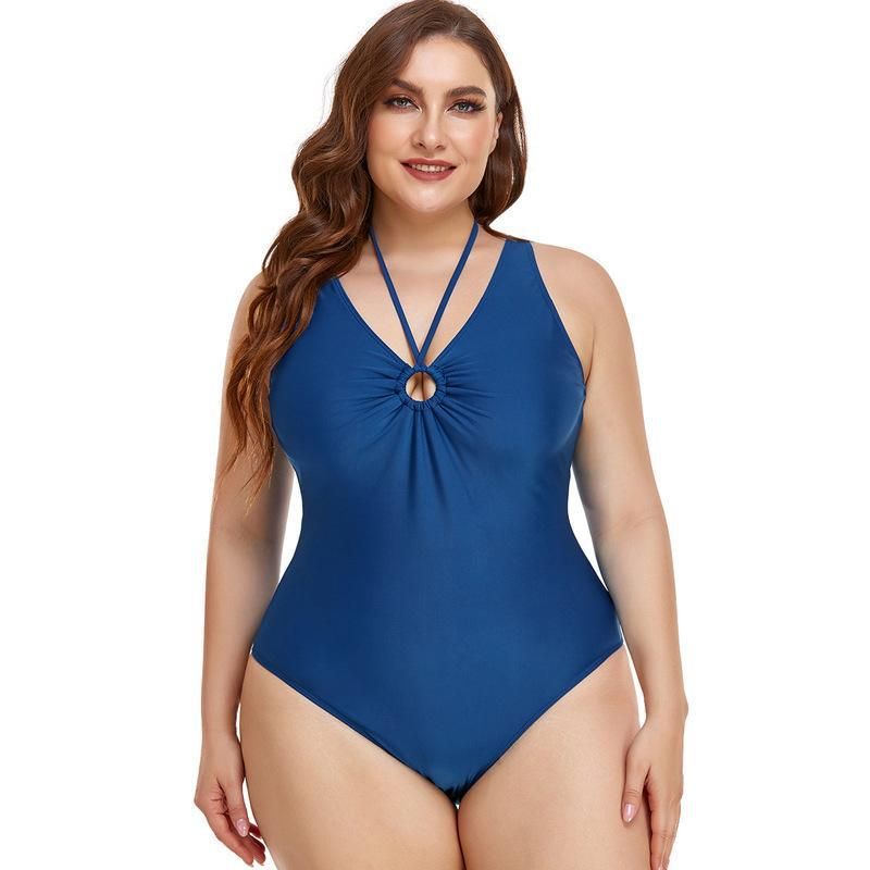 (image for) Plus Size One‑Piece Swimsuit Solid Color Halter V‑Neck Ruched Tummy Control Bathing Suit for Women