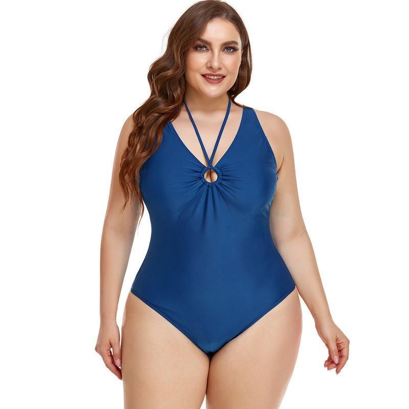 (image for) Plus Size One‑Piece Swimsuit Solid Color Halter V‑Neck Ruched Tummy Control Bathing Suit for Women