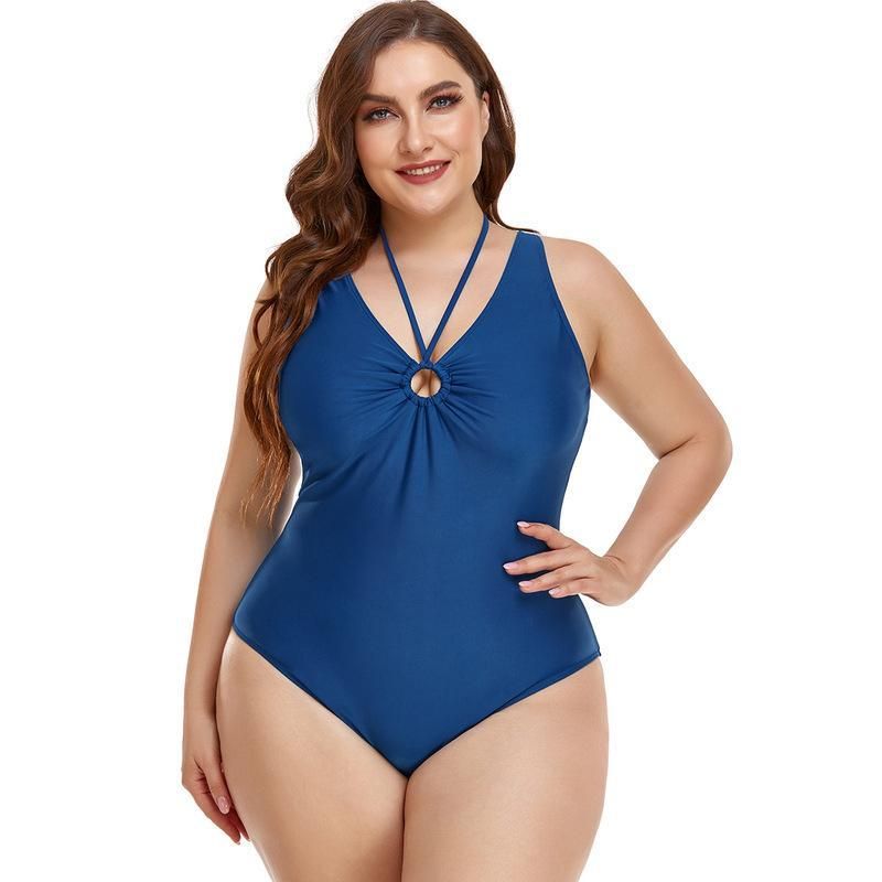 (image for) Plus Size One‑Piece Swimsuit Solid Color Halter V‑Neck Ruched Tummy Control Bathing Suit for Women