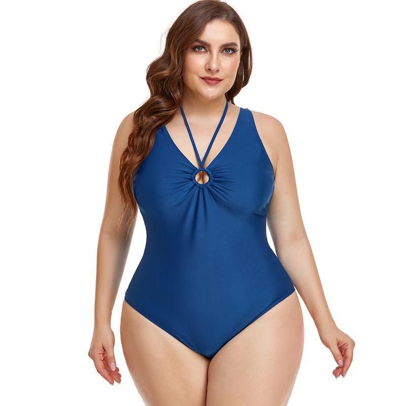 (image for) Plus Size One‑Piece Swimsuit Solid Color Halter V‑Neck Ruched Tummy Control Bathing Suit for Women
