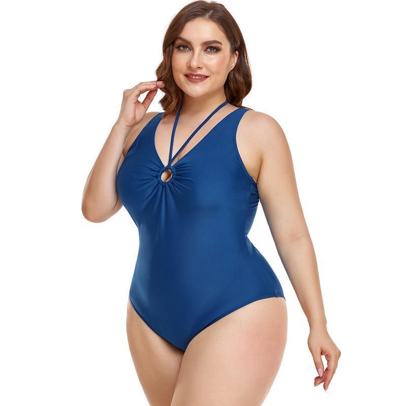 (image for) Plus Size One‑Piece Swimsuit Solid Color Halter V‑Neck Ruched Tummy Control Bathing Suit for Women