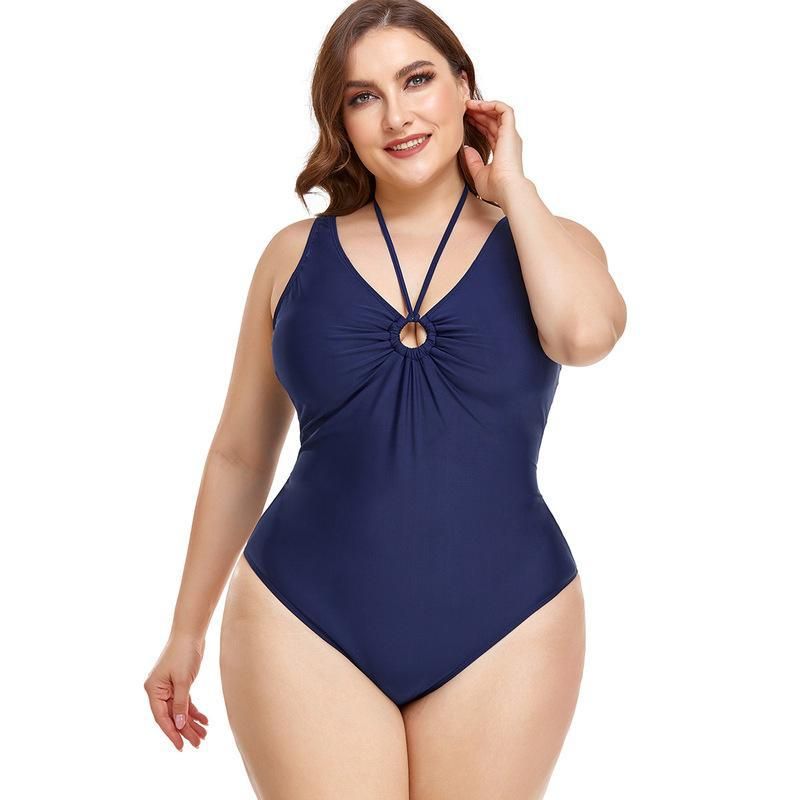 (image for) Plus Size One‑Piece Swimsuit Solid Color Halter V‑Neck Ruched Tummy Control Bathing Suit for Women