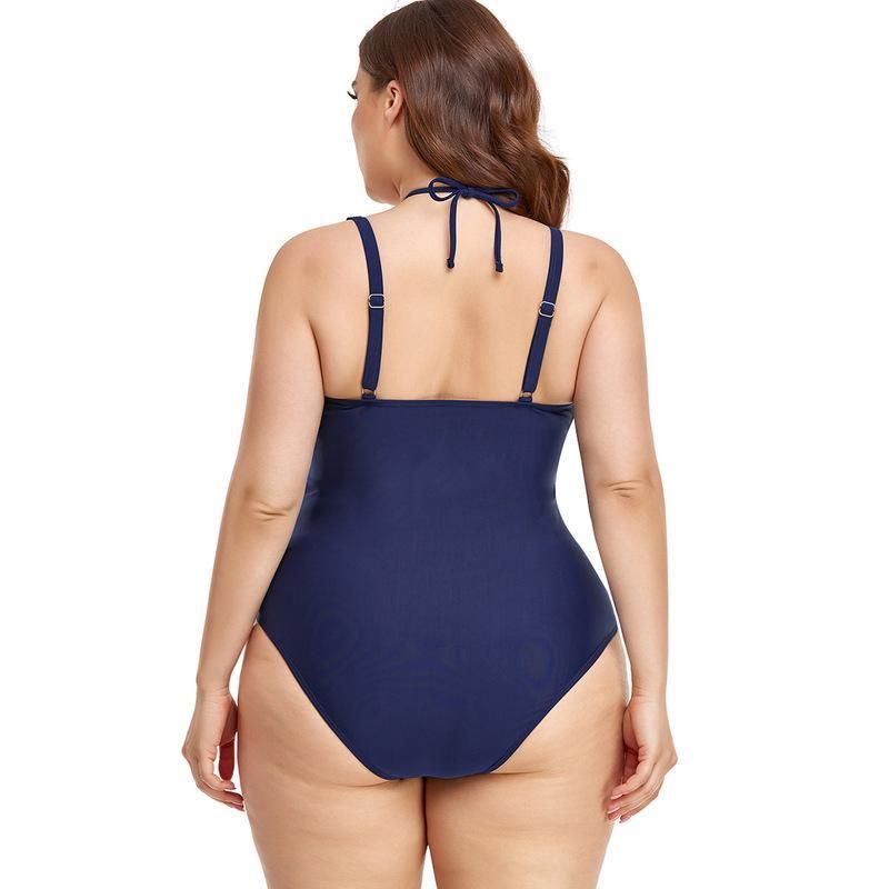 (image for) Plus Size One‑Piece Swimsuit Solid Color Halter V‑Neck Ruched Tummy Control Bathing Suit for Women