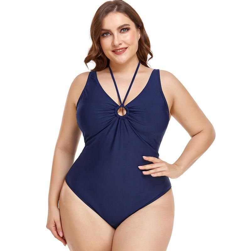 (image for) Plus Size One‑Piece Swimsuit Solid Color Halter V‑Neck Ruched Tummy Control Bathing Suit for Women