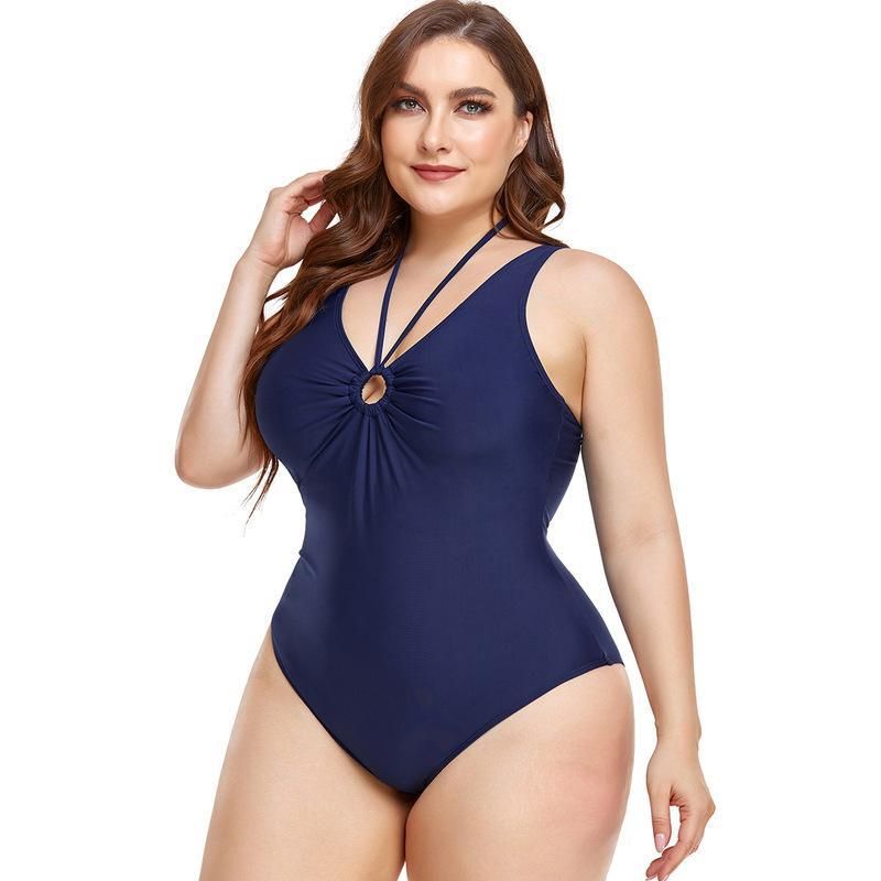 (image for) Plus Size One‑Piece Swimsuit Solid Color Halter V‑Neck Ruched Tummy Control Bathing Suit for Women
