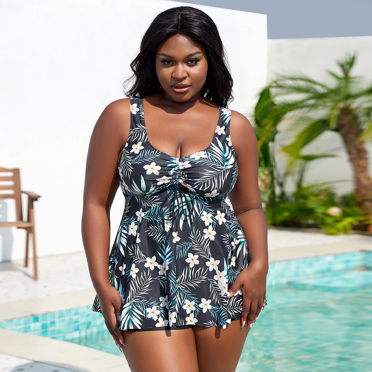 (image for) Plus Size Women Tankini Swim Set Floral Print Conservative Two‑Piece Bathing Suit