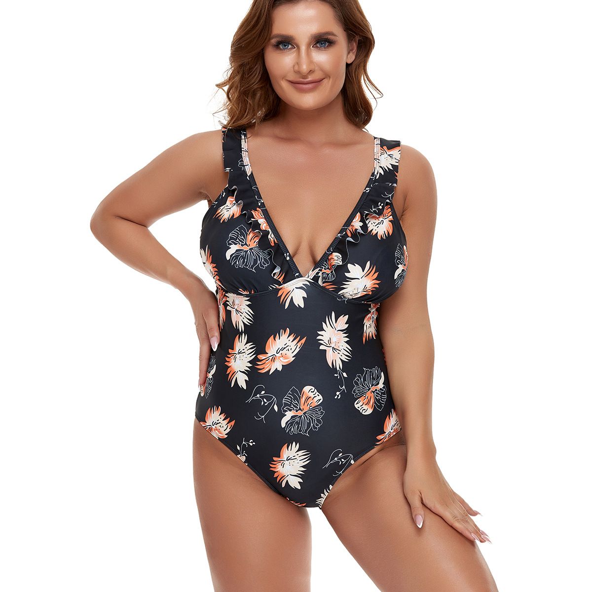 (image for) Plus Size Ruffled V‑Neck Printed One‑Piece Swimsuit Women Conservative Swimwear