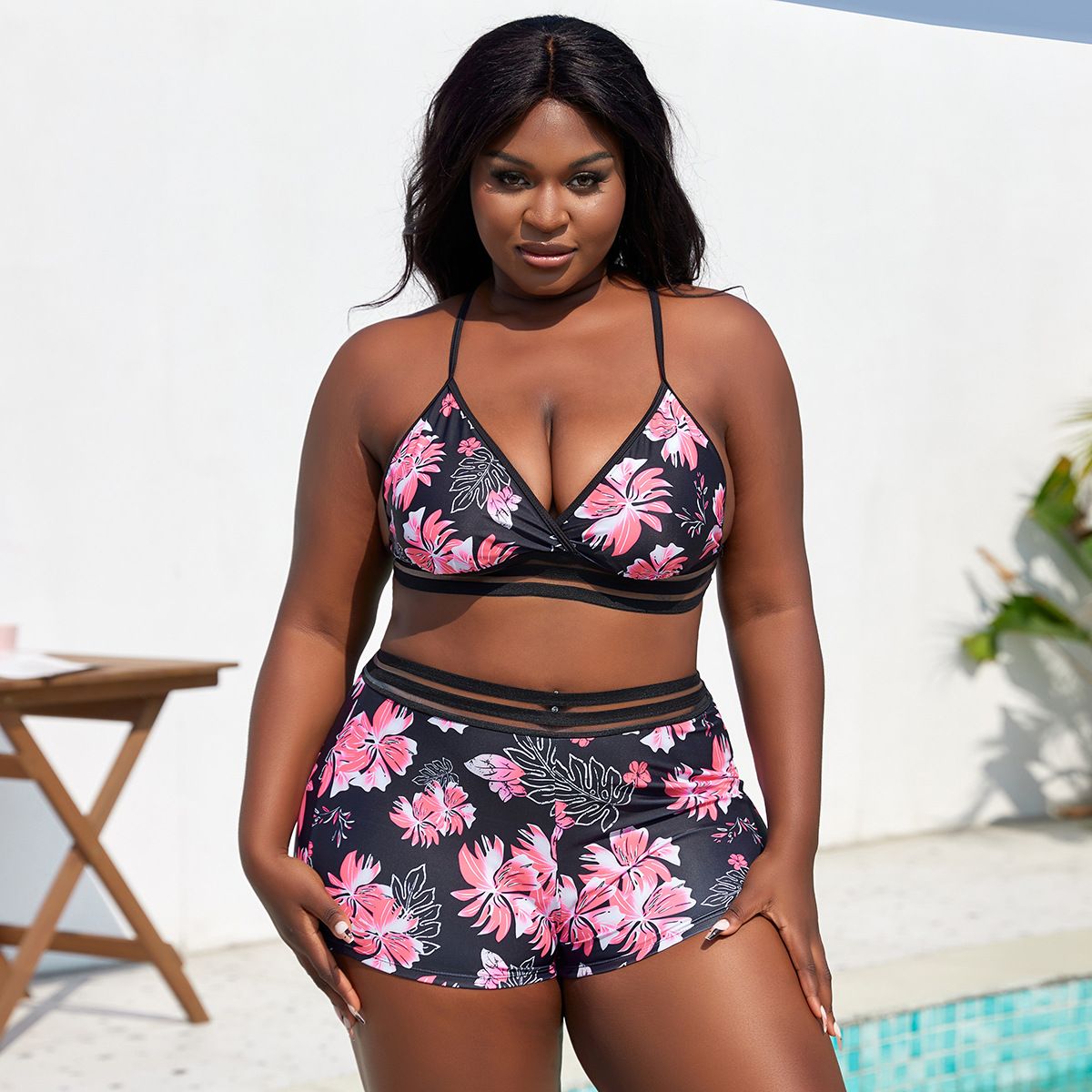 (image for) Plus Size Floral Print Two‑Piece Bikini Set Women Mesh Trim Swim Shorts Bathing Suit