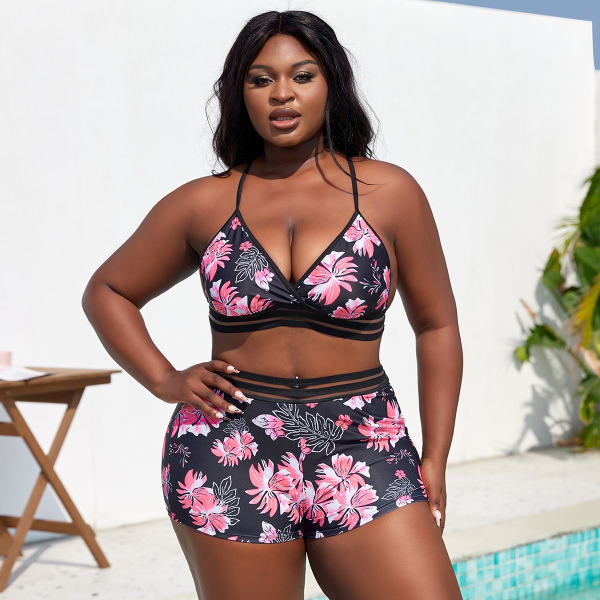 (image for) Plus Size Floral Print Two‑Piece Bikini Set Women Mesh Trim Swim Shorts Bathing Suit