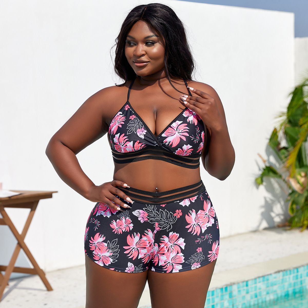 (image for) Plus Size Floral Print Two‑Piece Bikini Set Women Mesh Trim Swim Shorts Bathing Suit