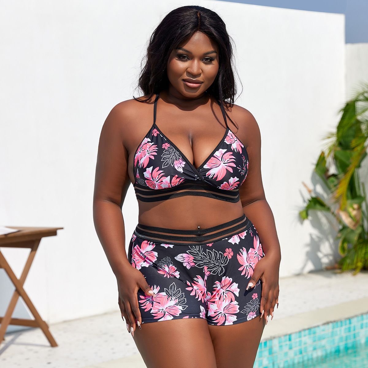 (image for) Plus Size Floral Print Two‑Piece Bikini Set Women Mesh Trim Swim Shorts Bathing Suit