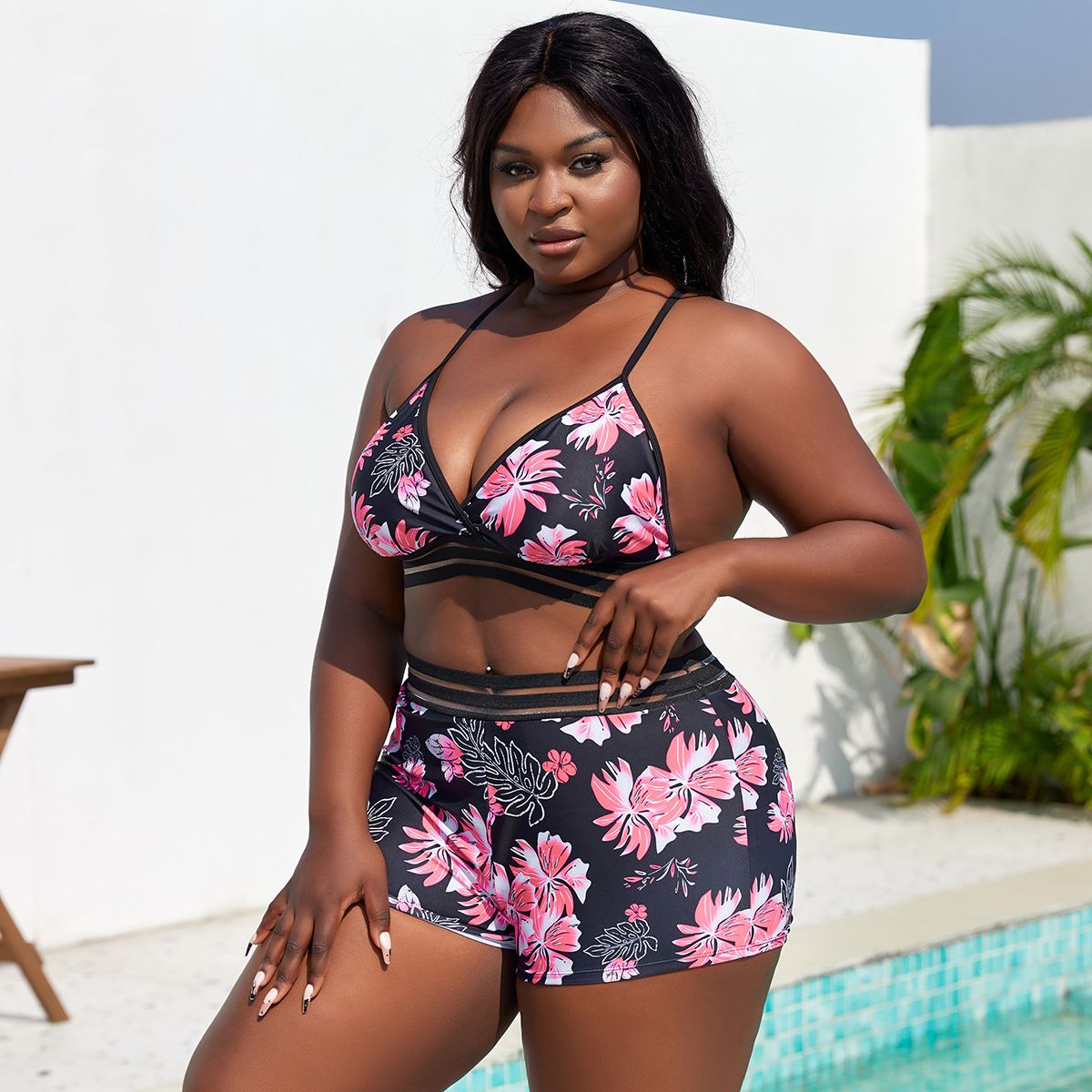 (image for) Plus Size Floral Print Two‑Piece Bikini Set Women Mesh Trim Swim Shorts Bathing Suit