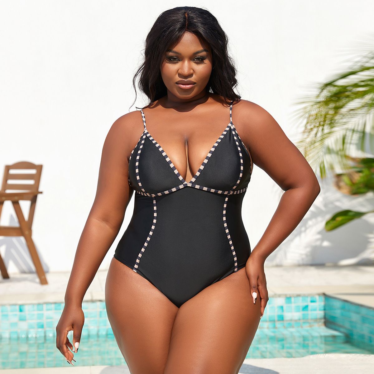 (image for) Plus Size Solid One‑Piece Swimsuit Women V‑Neck Spaghetti Strap Curvy Bathing Suit