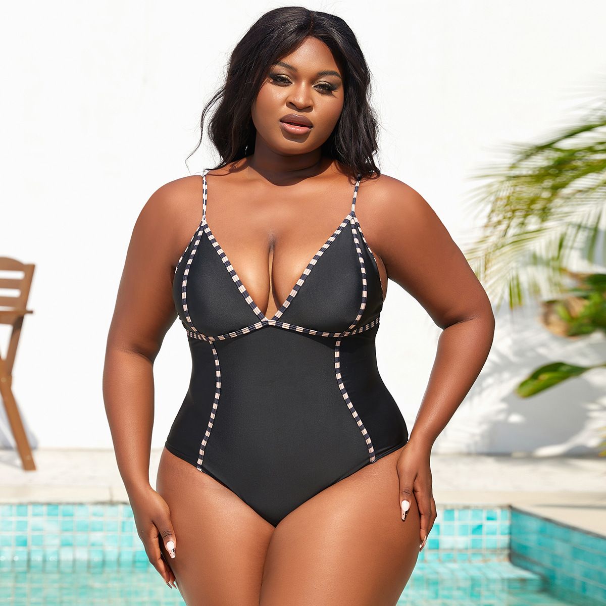 (image for) Plus Size Solid One‑Piece Swimsuit Women V‑Neck Spaghetti Strap Curvy Bathing Suit