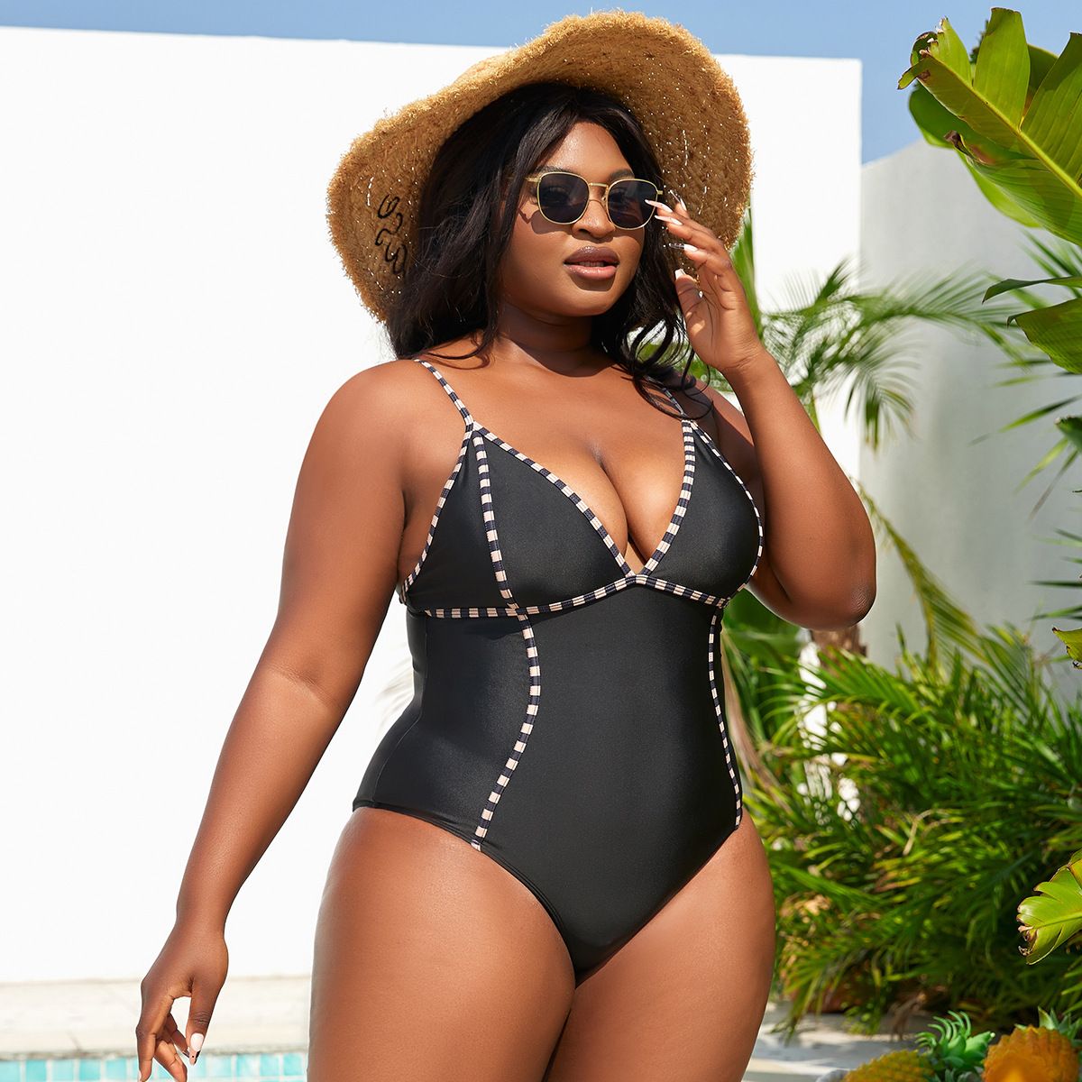 (image for) Plus Size Solid One‑Piece Swimsuit Women V‑Neck Spaghetti Strap Curvy Bathing Suit