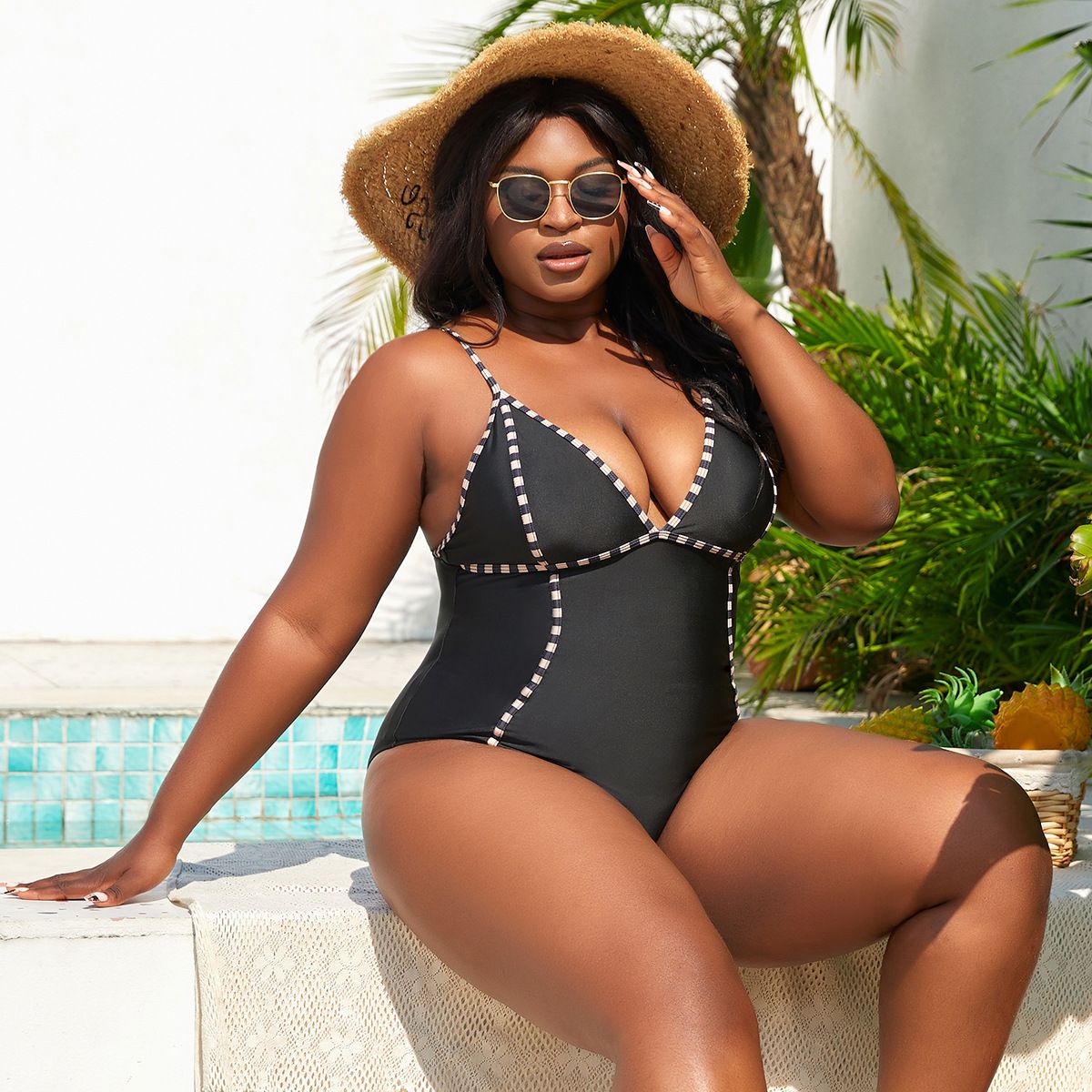 (image for) Plus Size Solid One‑Piece Swimsuit Women V‑Neck Spaghetti Strap Curvy Bathing Suit