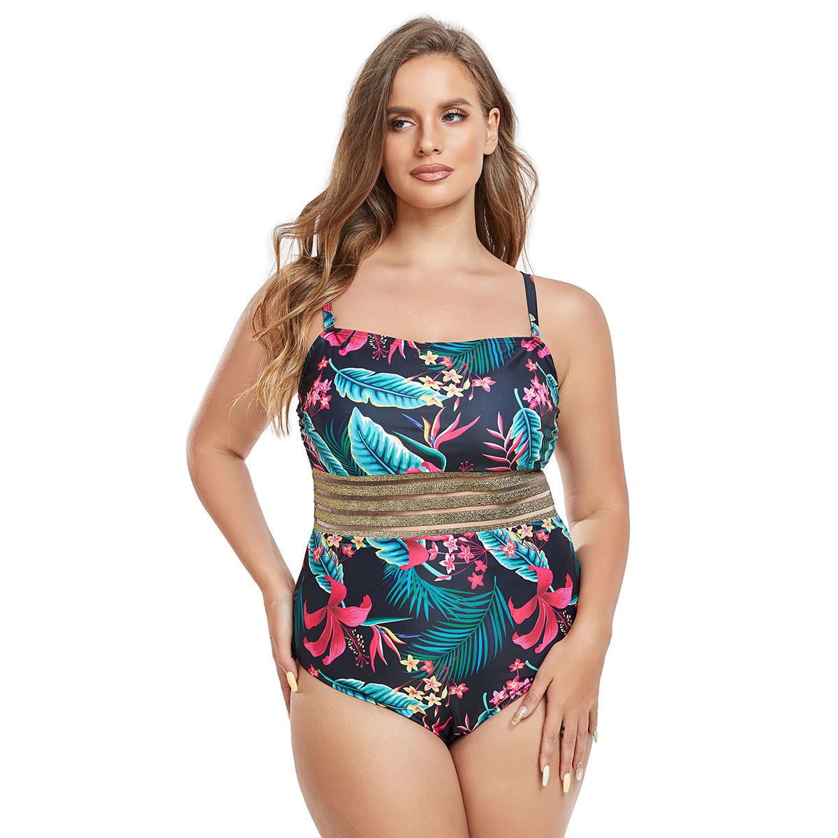 (image for) Plus Size One‑Piece Swimsuit Tropical Floral Print Spaghetti Strap Bathing Suit for Women