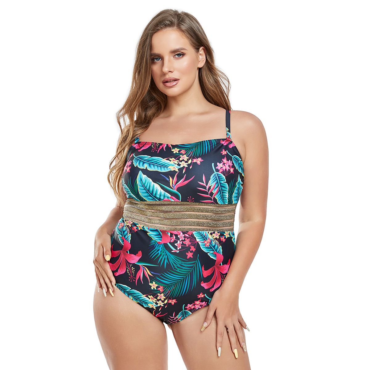(image for) Plus Size One‑Piece Swimsuit Tropical Floral Print Spaghetti Strap Bathing Suit for Women