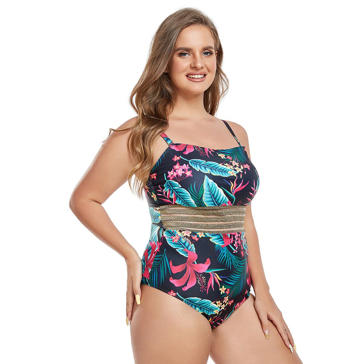 (image for) Plus Size One‑Piece Swimsuit Tropical Floral Print Spaghetti Strap Bathing Suit for Women