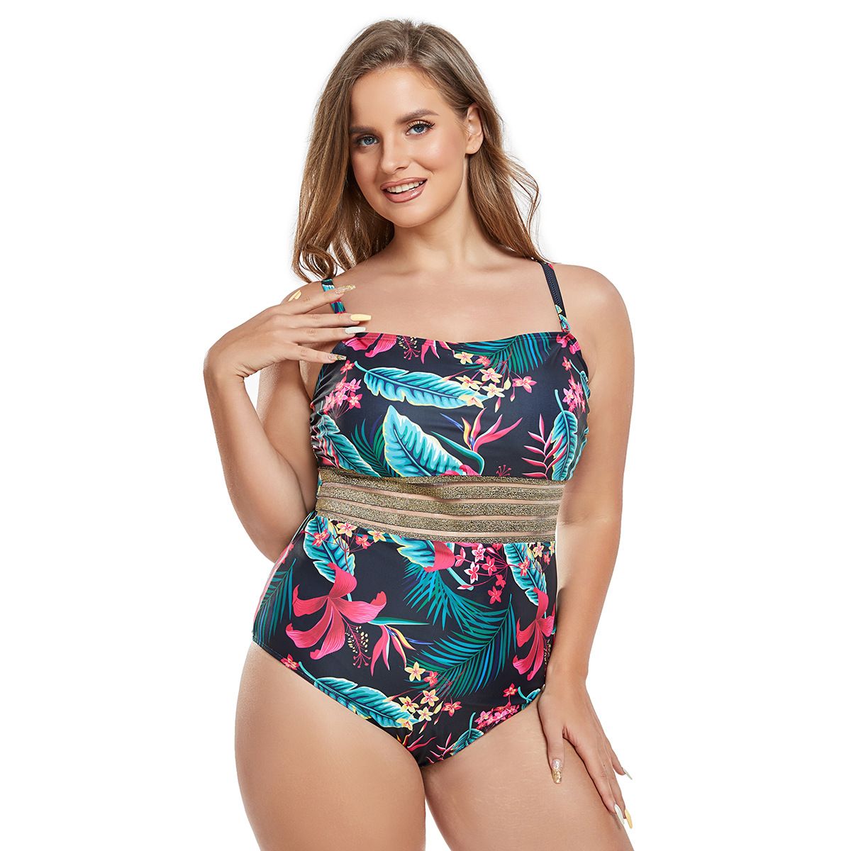 (image for) Plus Size One‑Piece Swimsuit Tropical Floral Print Spaghetti Strap Bathing Suit for Women