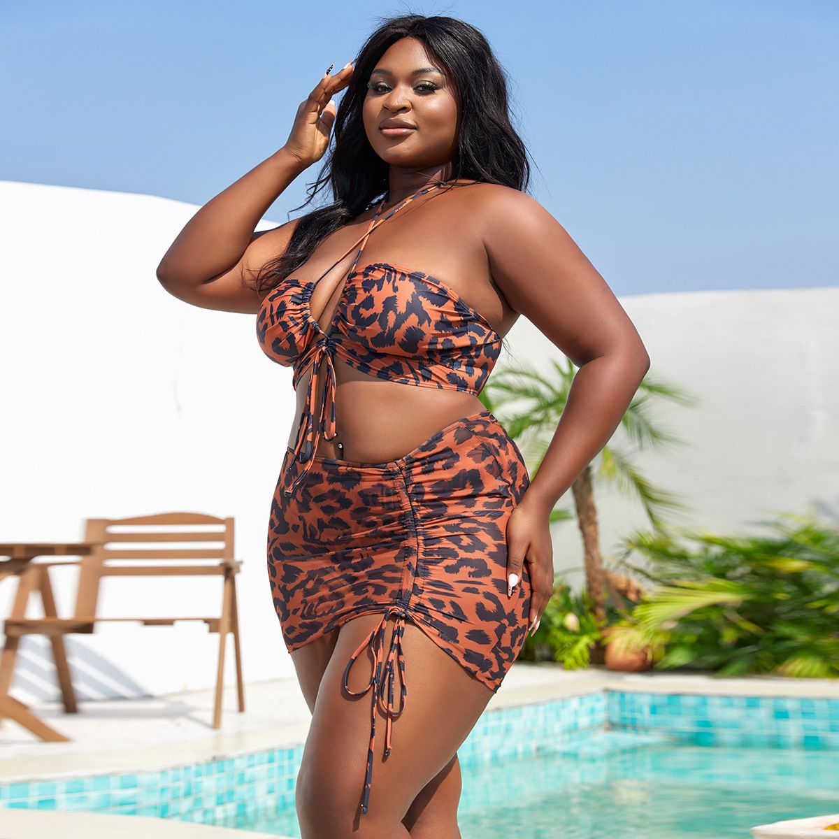 (image for) Plus Size 3 Pieces Leopard Print Bikini Set Halter Drawstring Swimsuit with Cover Up Skirt